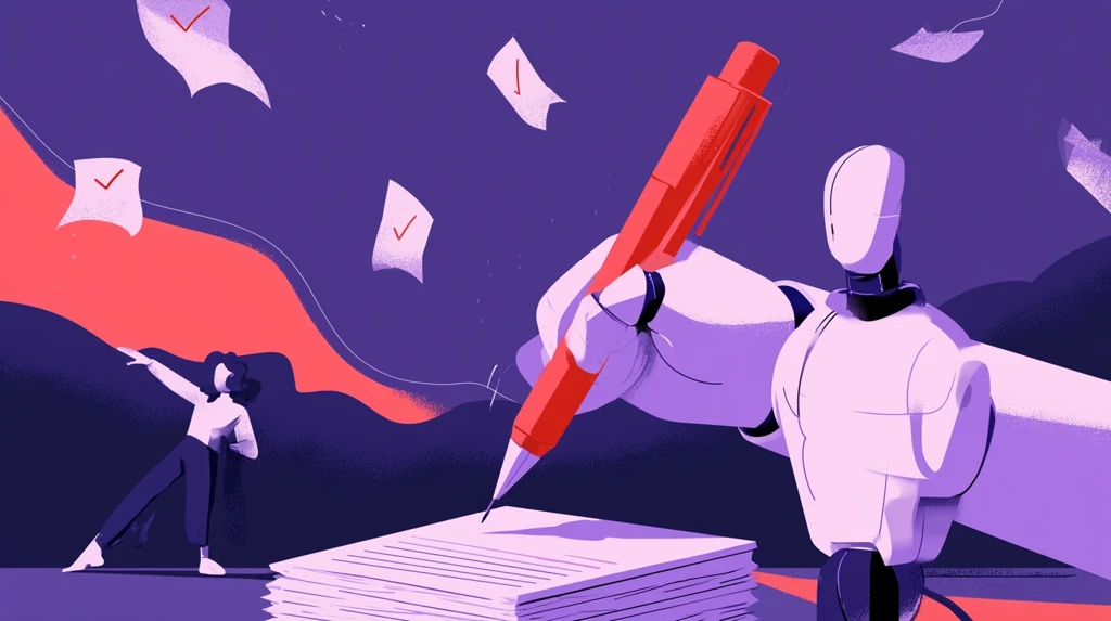 Robot hand grading a stack of papers with checkmarks