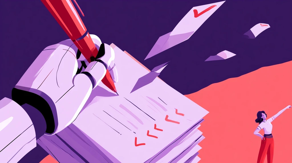 Robot hand grading a stack of papers with checkmarks