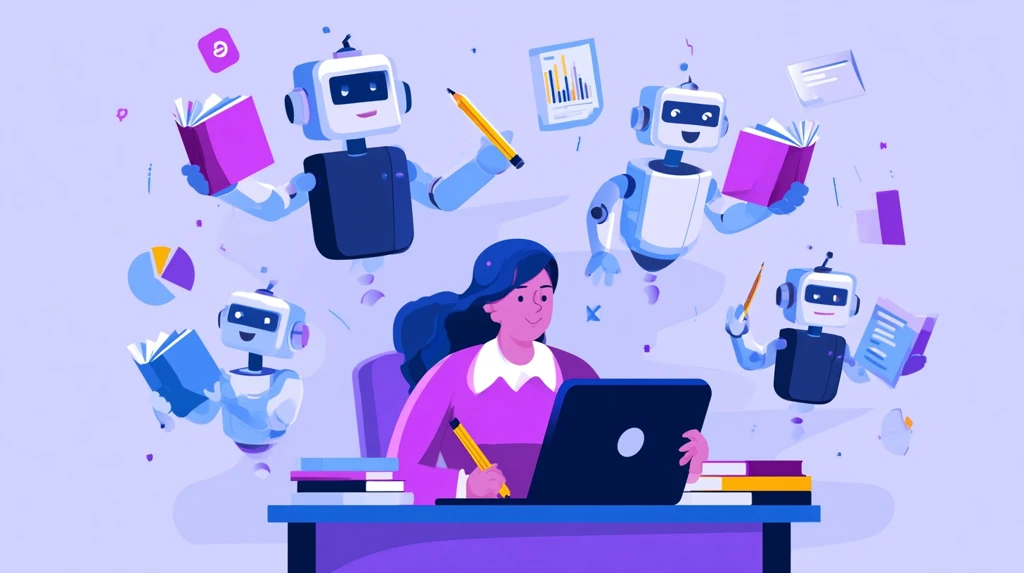 Teacher at desk with helpful AI robot assistants holding books and charts
