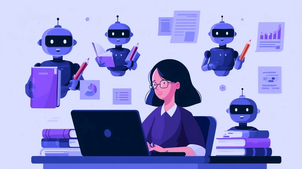 Teacher at desk with helpful AI robot assistants holding books and charts