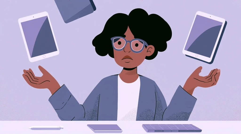 Teacher comparing tablets floating above a desk with stylus