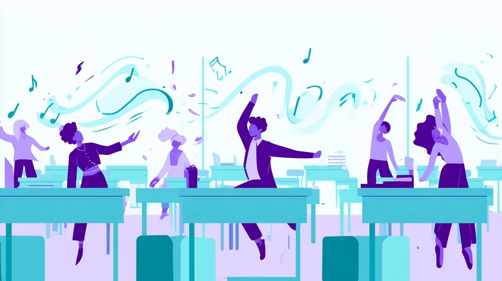 Students stretching and jumping beside desks during a brain break