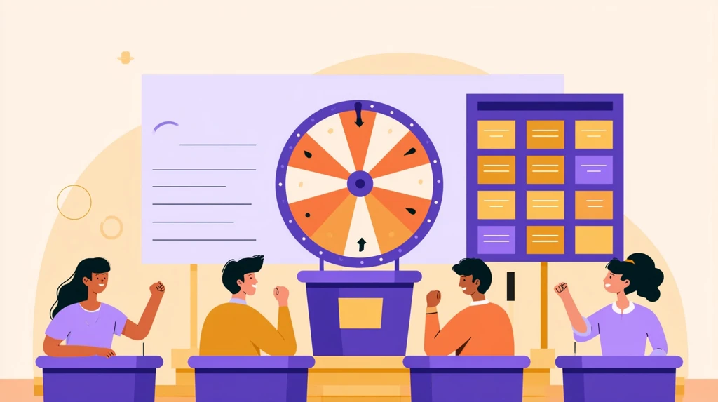 Classroom game show stage with spinning wheel and category board
