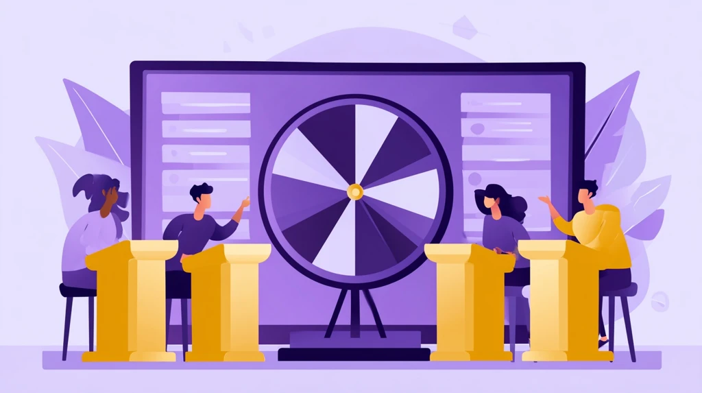 Classroom game show stage with spinning wheel and category board