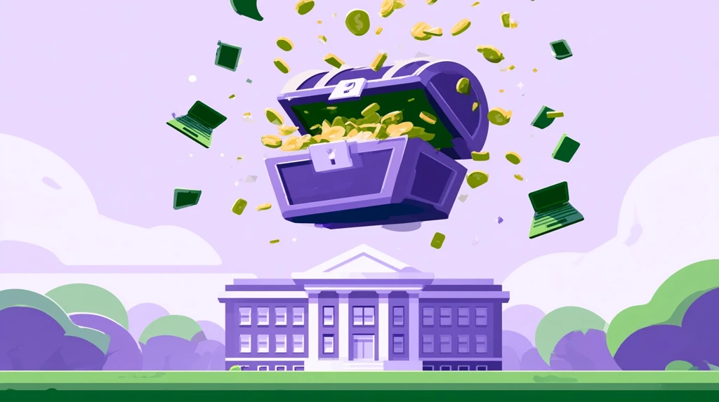 Treasure chest of grant funding opening above a school building