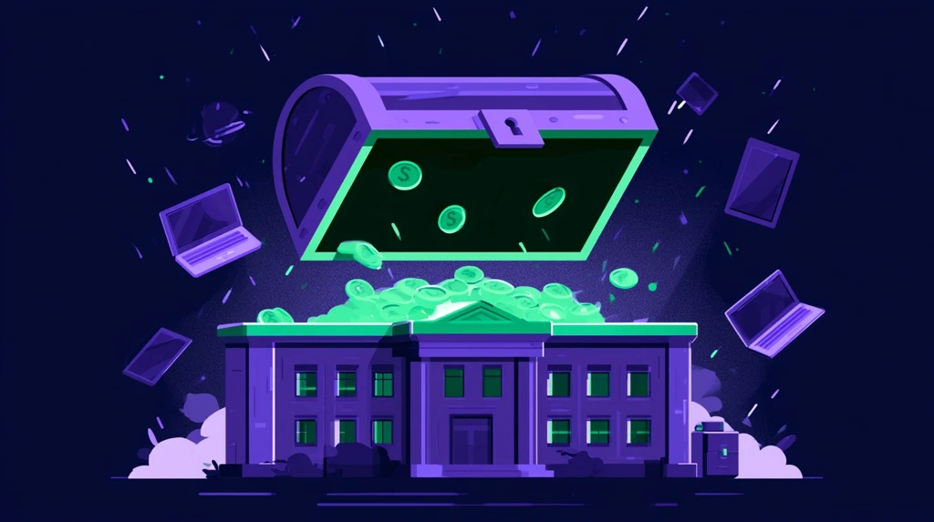 Treasure chest of grant funding opening above a school building
