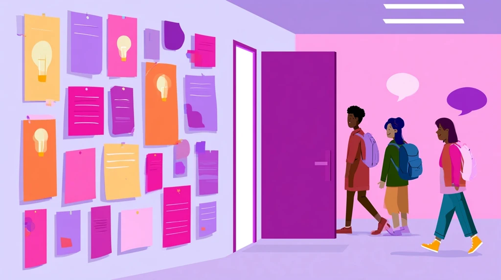 Wall of colorful exit ticket sticky notes beside a classroom door