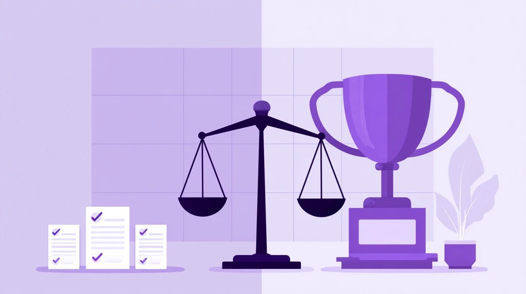 Balance scale weighing daily formative checks against a summative exam trophy
