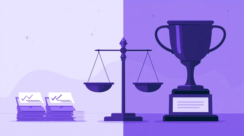 Balance scale weighing daily formative checks against a summative exam trophy
