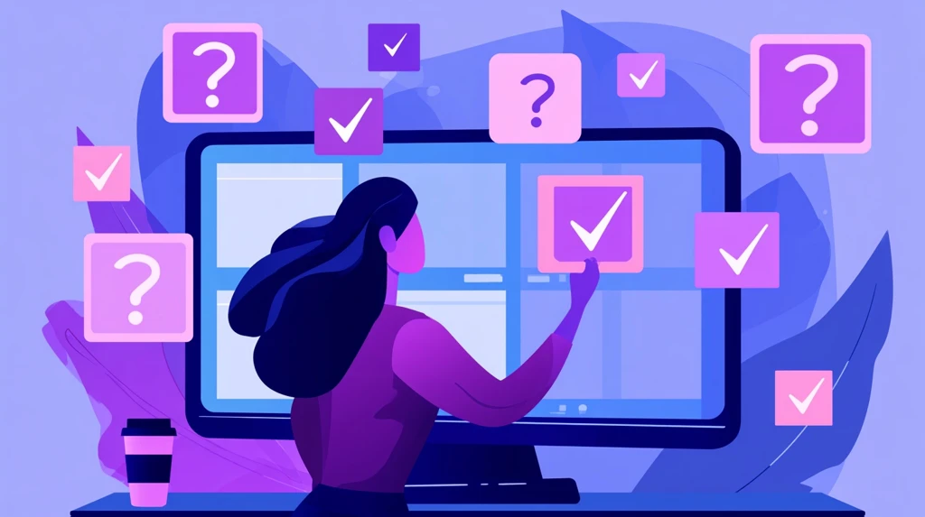 Teacher building an online quiz with question cards and checkmarks