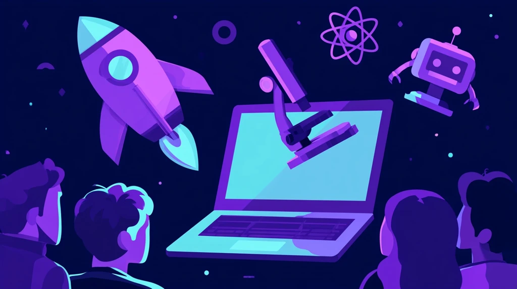 Rocket microscope and robot floating above a laptop for STEM learning