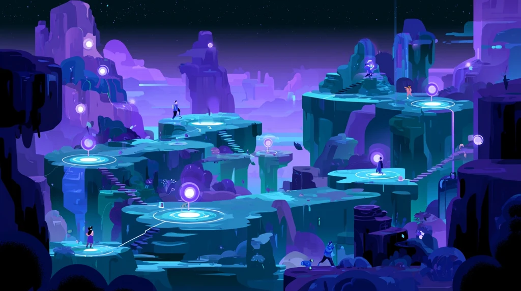 Game world map with learning milestones as glowing checkpoints