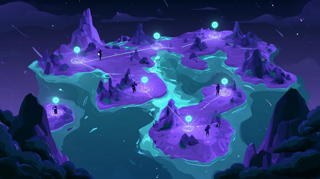 Game world map with learning milestones as glowing checkpoints