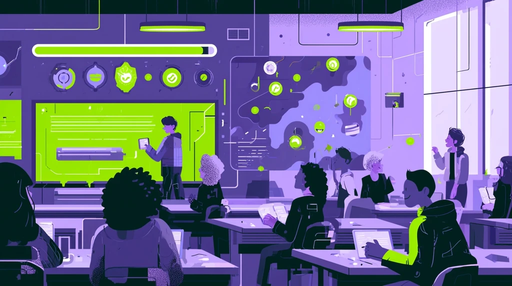 Classroom transformed into a game world with XP bar and quest map