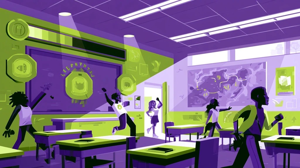 Classroom transformed into a game world with XP bar and quest map