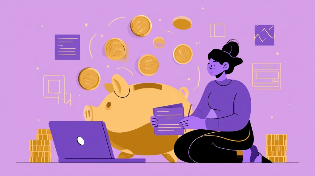 Person creating quiz cards that turn into coins filling a piggy bank