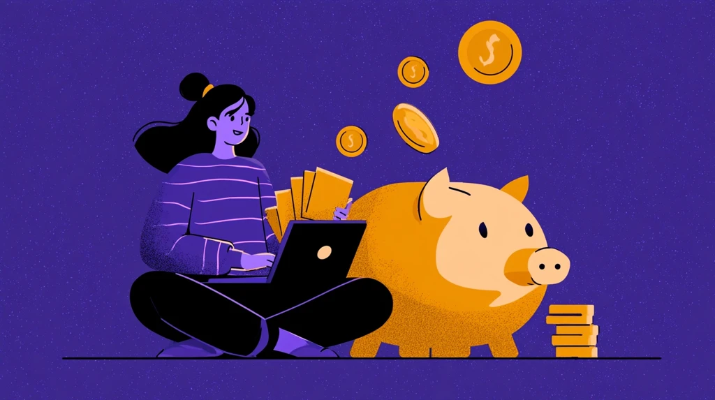 Person creating quiz cards that turn into coins filling a piggy bank