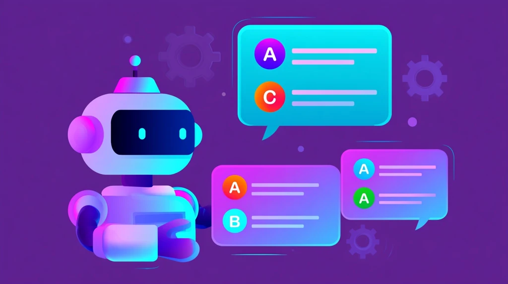 AI robot assembling multiple choice question cards with answer bubbles