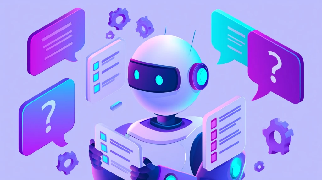 AI robot assembling multiple choice question cards with answer bubbles