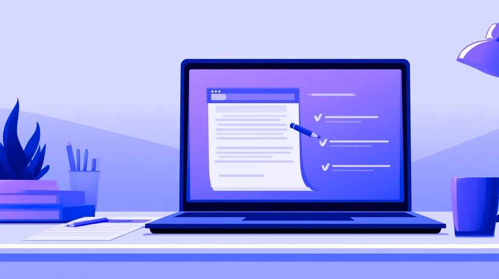 Laptop showing an online test transforming into digital checkmarks