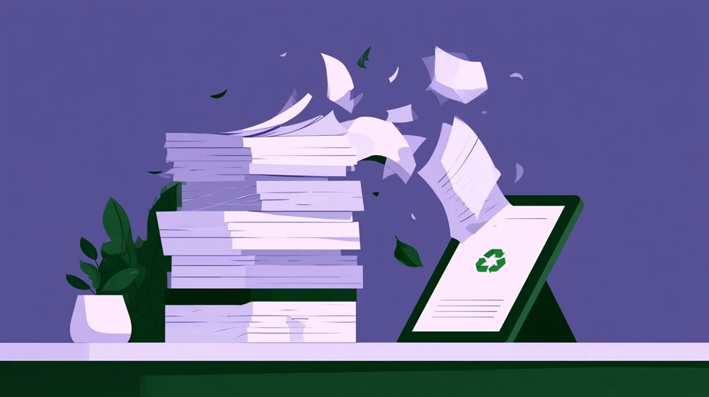 Stack of papers transforming into digital documents entering a tablet