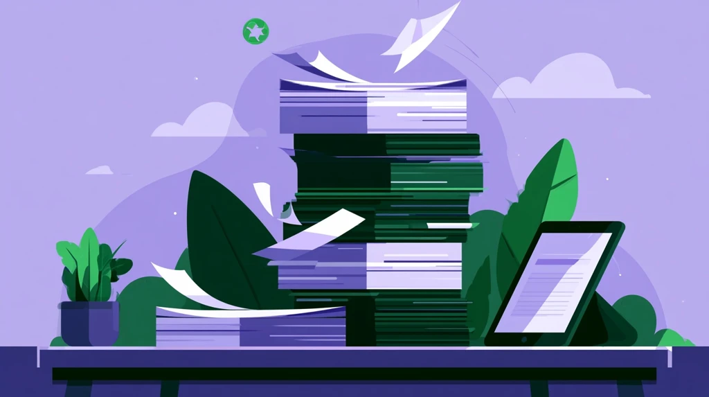Stack of papers transforming into digital documents entering a tablet