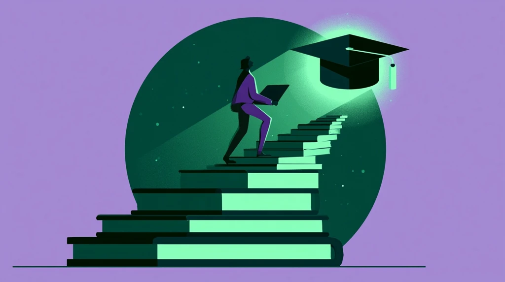 Teacher climbing a staircase of books toward a graduation cap