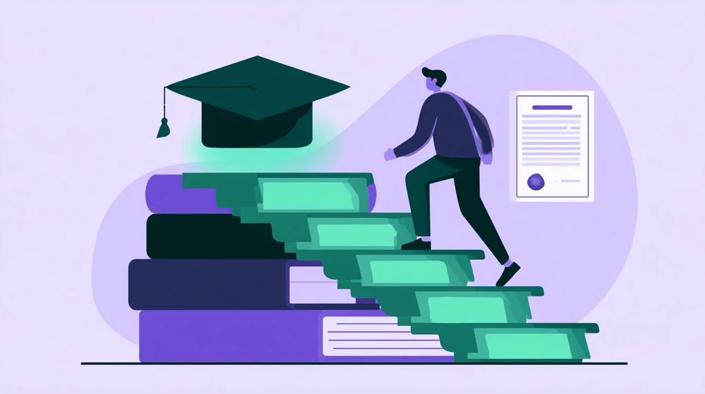 Teacher climbing a staircase of books toward a graduation cap