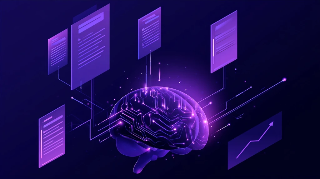 Brain with memory circuits connected to quiz cards and a growth graph