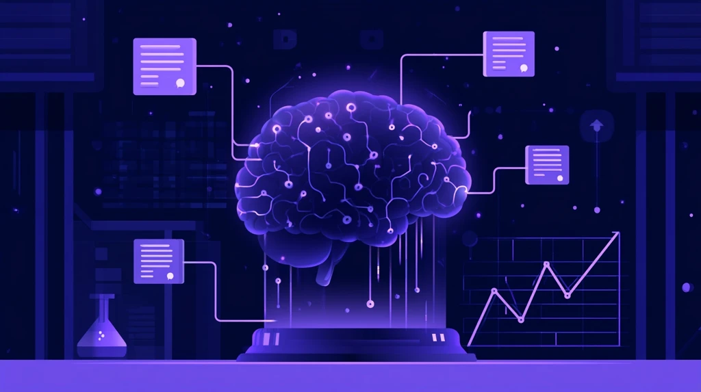 Brain with memory circuits connected to quiz cards and a growth graph