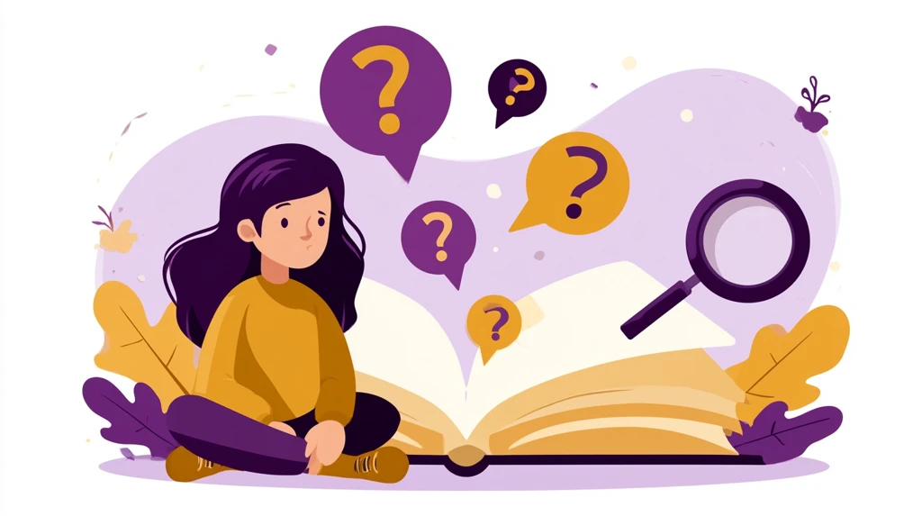 Open storybook with question bubbles and child reading with magnifying glass