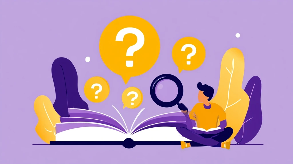 Open storybook with question bubbles and child reading with magnifying glass