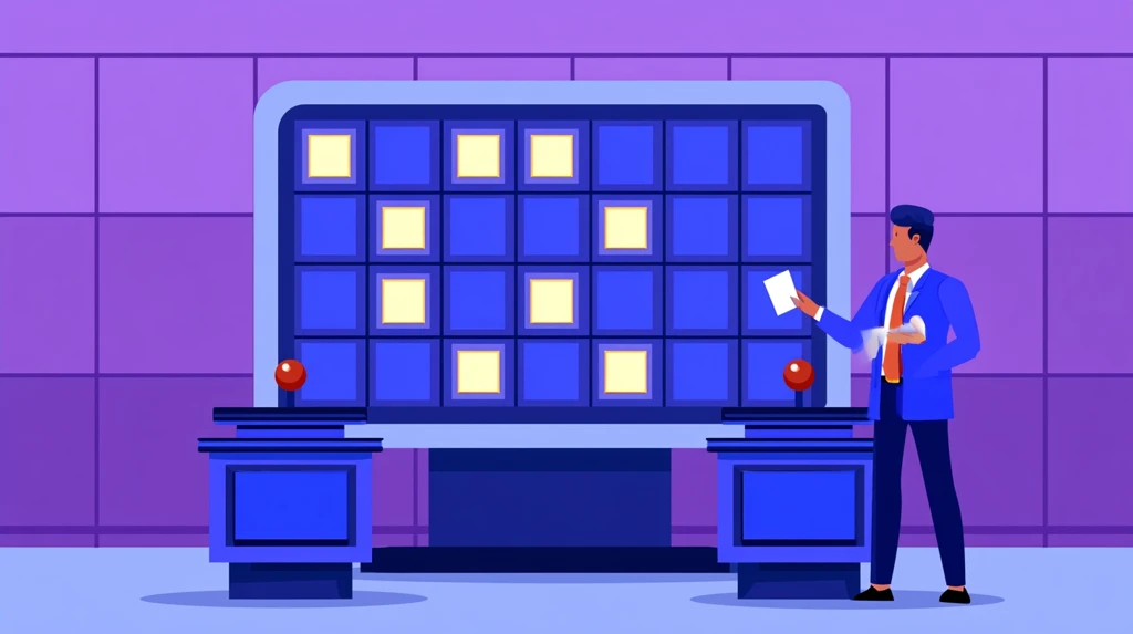 Classroom jeopardy board with team podiums and buzzers