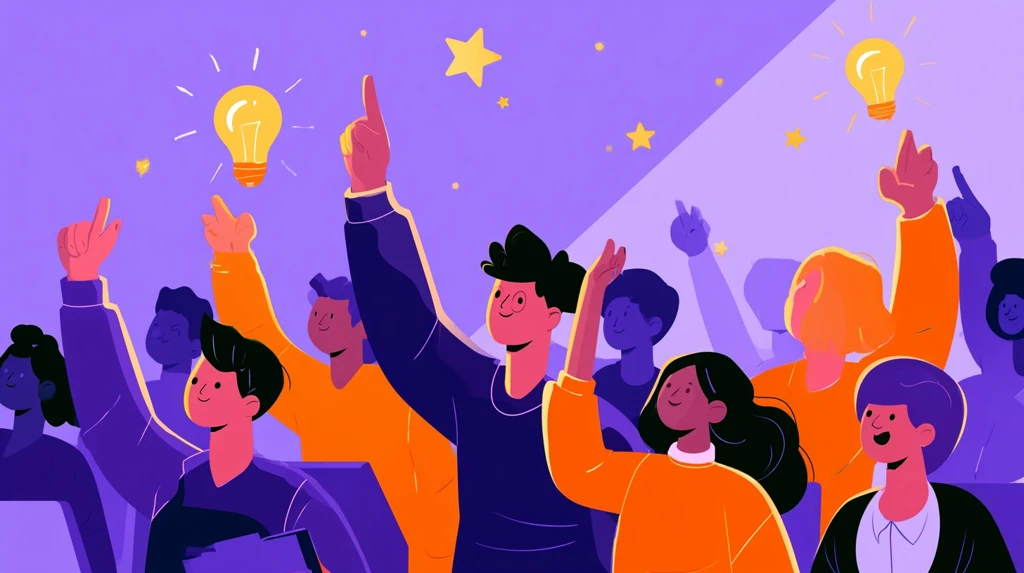 Energetic classroom with students raising hands and ideas floating above