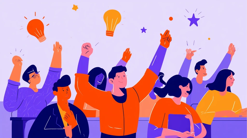Energetic classroom with students raising hands and ideas floating above