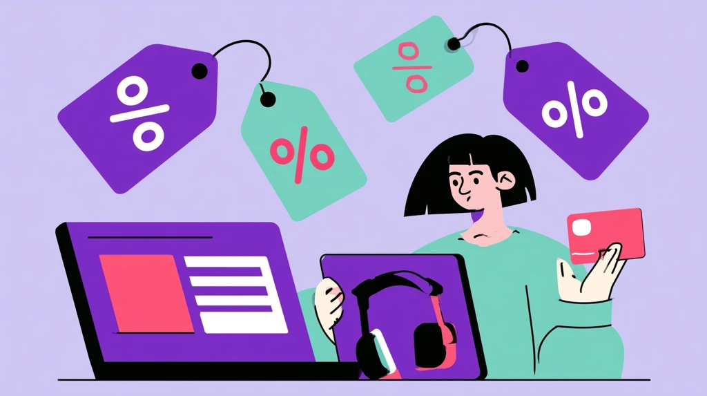Discount tags floating around laptop tablet and headphones for teachers