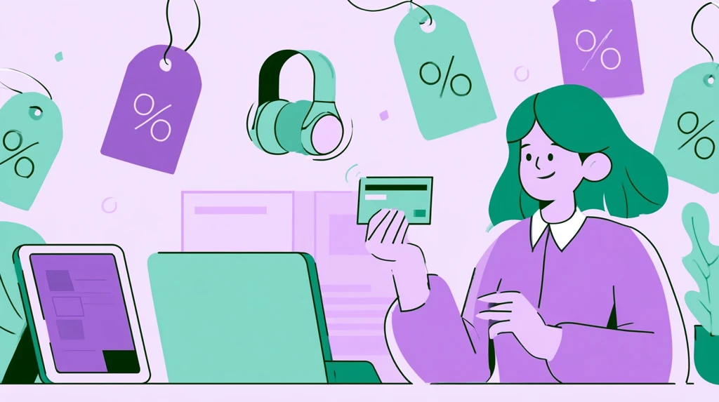 Discount tags floating around laptop tablet and headphones for teachers