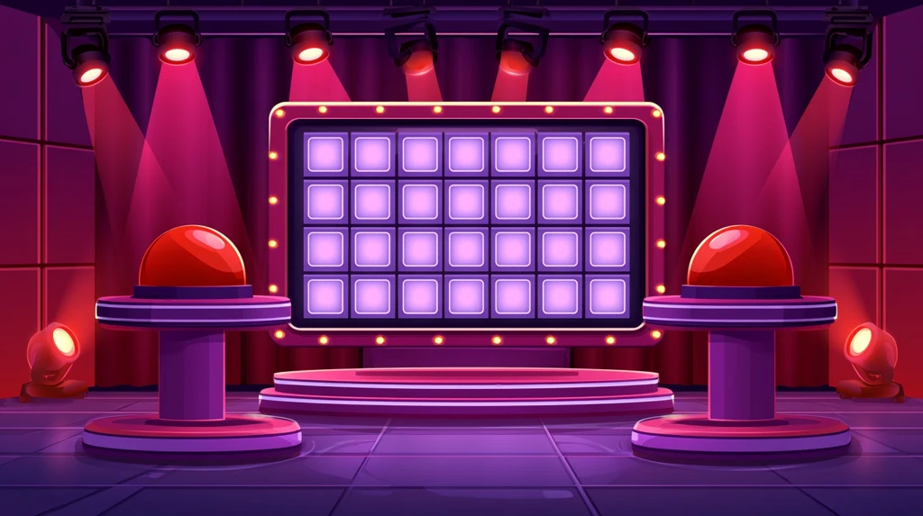 Retro game show set with grid board and buzzers for classroom trivia