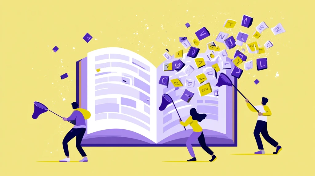 Students catching vocabulary word tiles flying from a giant dictionary